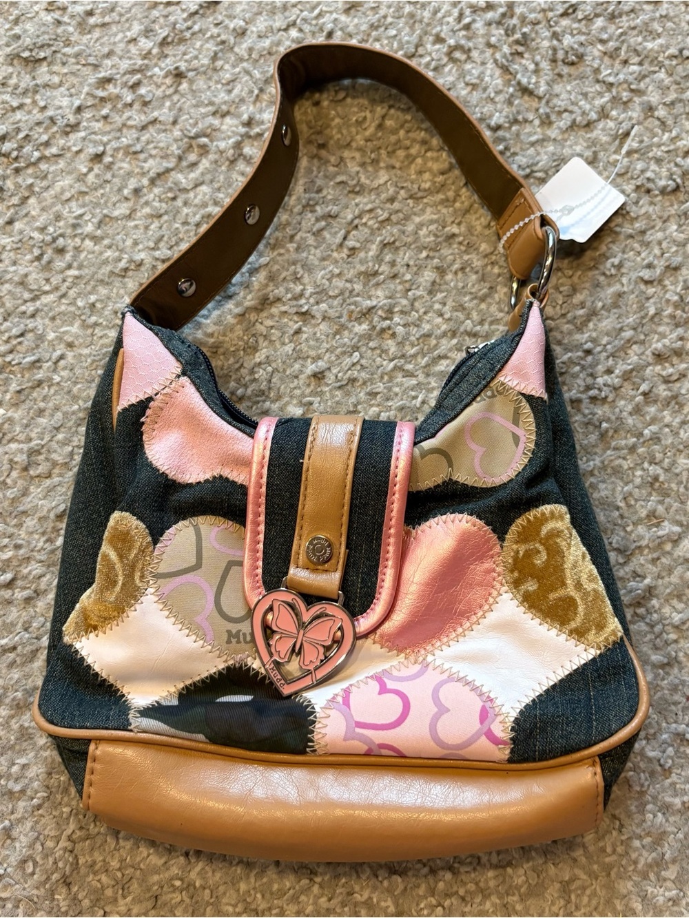Mudd Pink Patchwork Heart Shoulder Bag Tan Trim Vintage Y2K 90s Butterfly